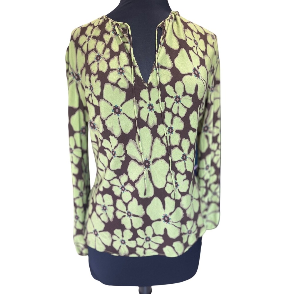 Retro Floral V-Neck Tie Front Blouse Lime Green Brown Long Sleeve Top - Picture 3 of 11